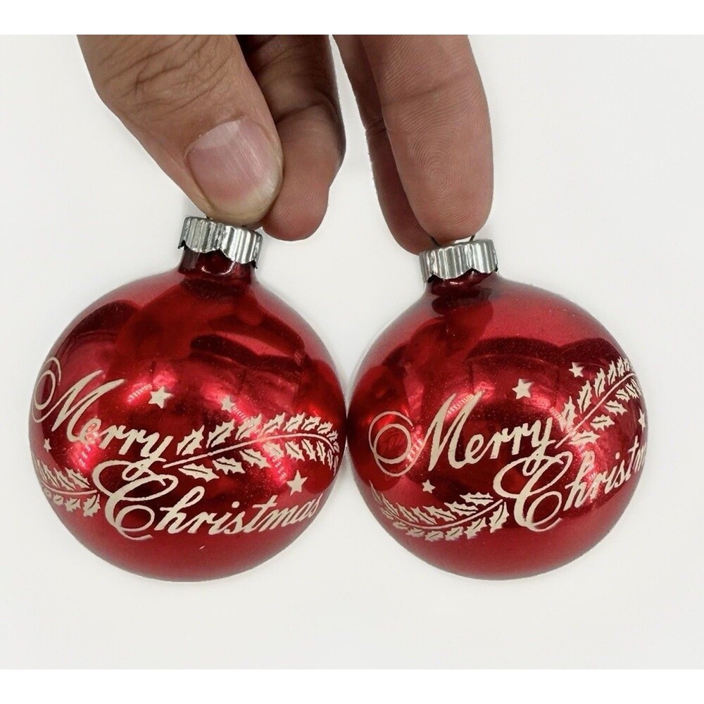 VTG 1949 Shiny Brite "MERRY CHRISTMAS with HOLLY" Stencil Ornament  Set 2